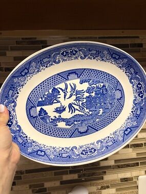 Mid-Century Modern Blue Willow Pattern Oval Serving Platter 13”